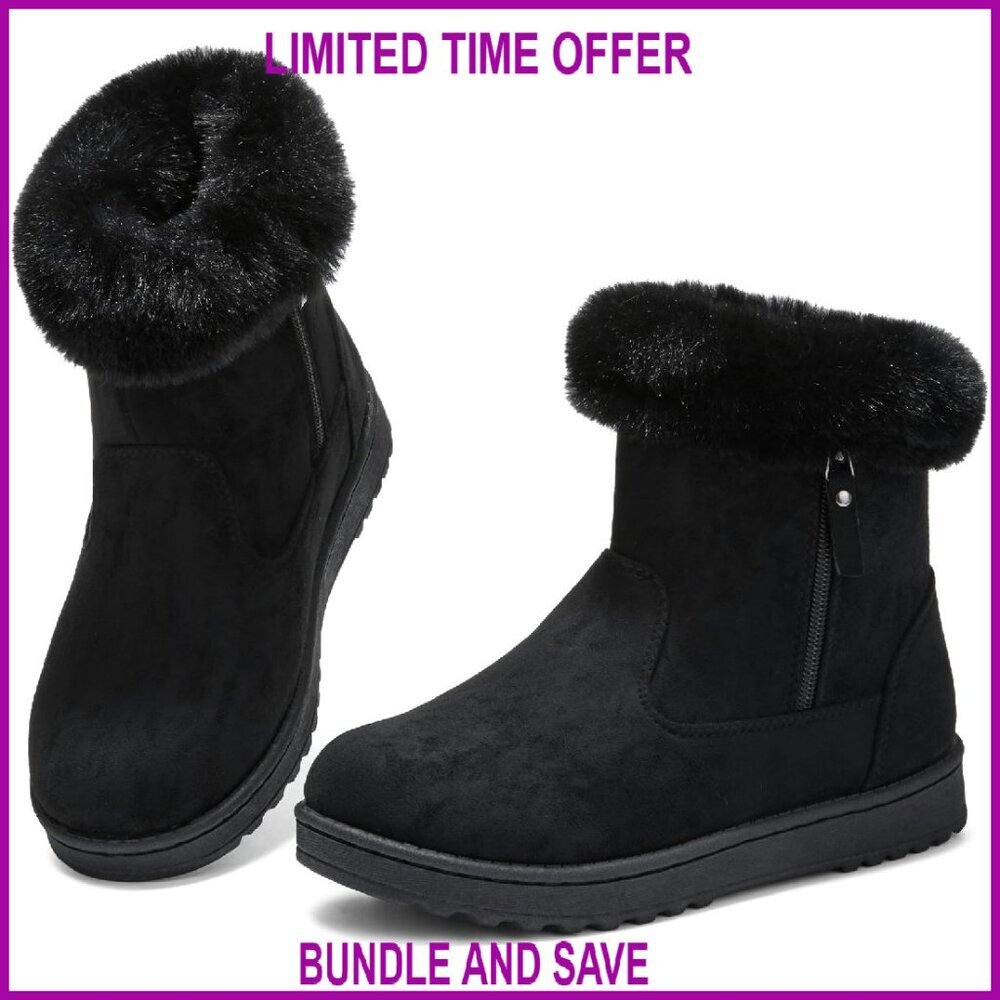 Women's Winter Snow Boots Suede Ankle Booties Faux Fur Zipper Non-Slip